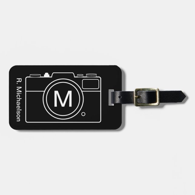 Étiquette À Bagage Balise de bagage de caméra Monogram - noir et blan (Devant horizontal)