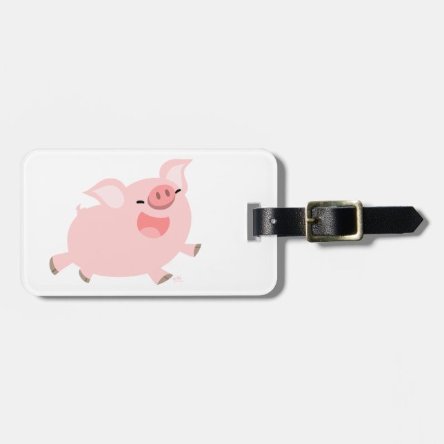 Étiquette À Bagage Balise de bagage de cochon joyeux en dessin (Devant horizontal)