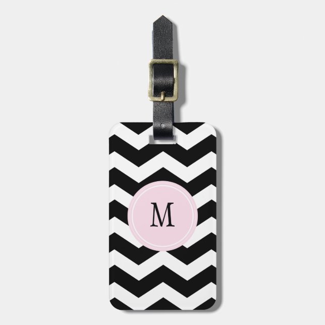 Étiquette À Bagage Balise de bagage Monogramme Chevron noir et blanc (Devant Vertical)