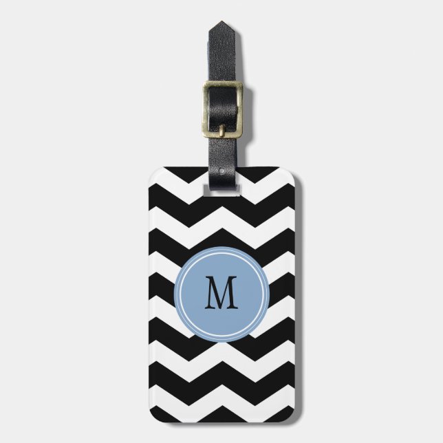 Étiquette À Bagage Balise de bagage Monogramme Chevron noir et blanc (Devant Vertical)