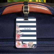 Balise de bagage monogrammée à bande bleue et blan