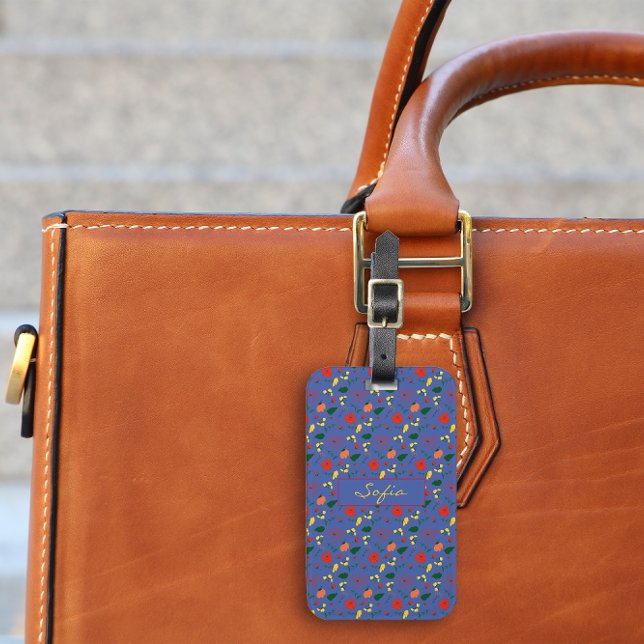 Étiquette À Bagage Balise de bagage motif bleu fleur sauvage rouge (Créateur téléchargé)