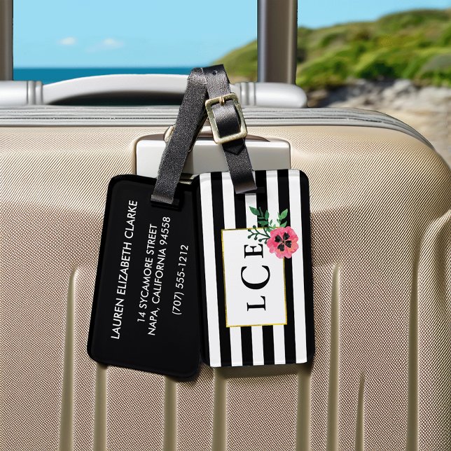 Étiquette À Bagage Balise de bagage noire et monogramme rose floral (Créateur téléchargé)