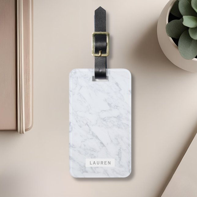 Étiquette À Bagage Balise de bagage personnalisée Marbre blanc modern (Créateur téléchargé)