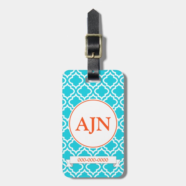 Étiquette À Bagage Balise de bagage pour monogramme orange turquoise (Devant Vertical)