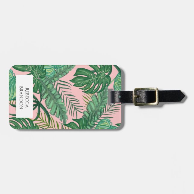 Étiquette À Bagage Balise de bagage rose Feuille de palme tropicale (Devant horizontal)