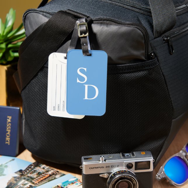 Étiquette À Bagage Balise de bagages bleu et blanc monogramme (Recto & Verso)