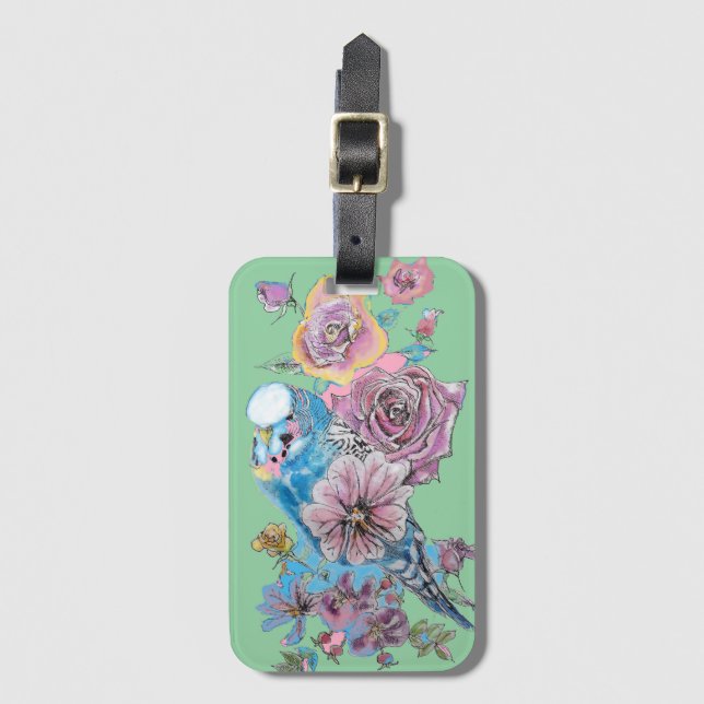 Étiquette À Bagage Balise de bagages Blue Budgie GreenFloral Watercol (Devant Vertical)