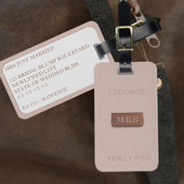 Étiquette À Bagage Balise de bagages blush de Mme Rose Gold (Monogrammed Rose Gold Bridal Blush Luggage Tag with space for your name)