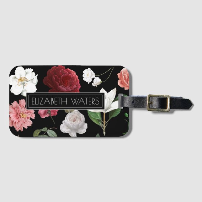 ÉTIQUETTE À BAGAGE BALISE DE BAGAGES DE VOYAGES FLORAUX NOIR (Devant Horizontal)