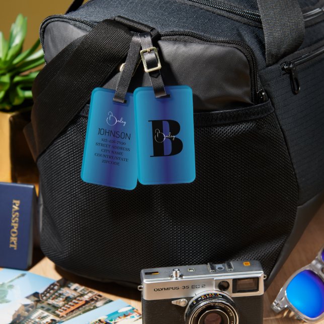 Étiquette À Bagage Balise de bagages Monogramme bleu personnalisée (Recto & Verso)