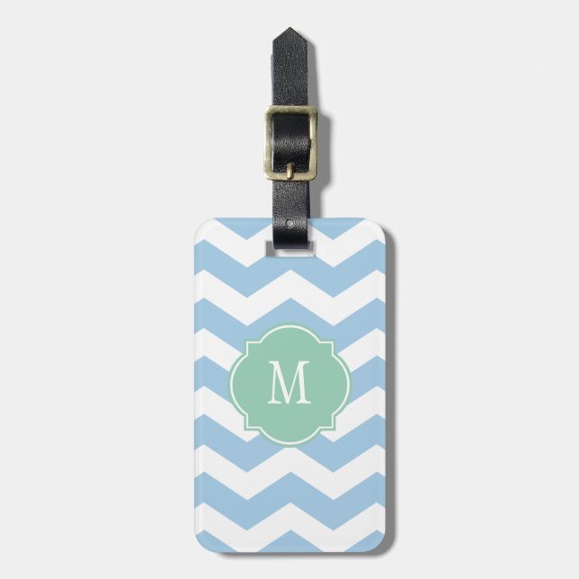 Étiquette À Bagage Balise de bagages Monogramme Chevron bleu et blanc (Devant Vertical)