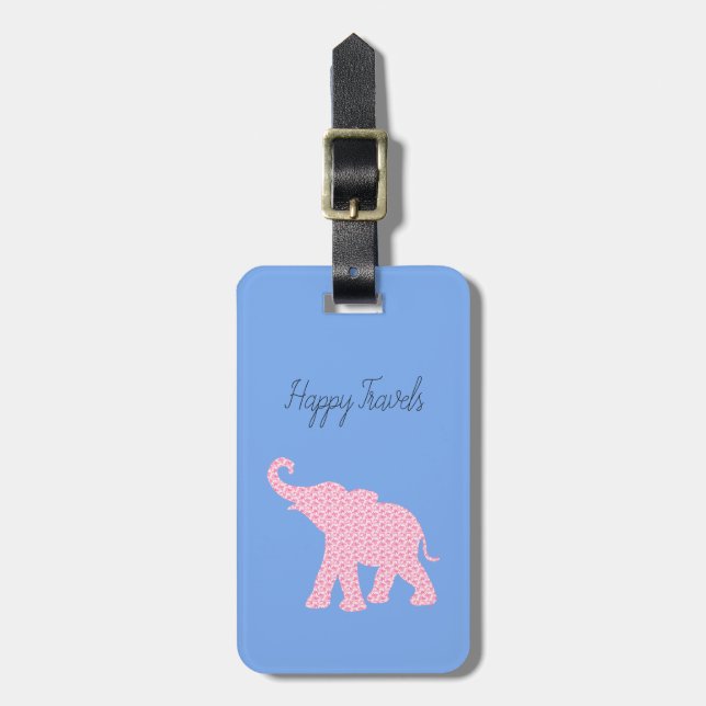 Étiquette À Bagage Balise de bagages unique Happy Travels Pink Elepha (Devant Vertical)