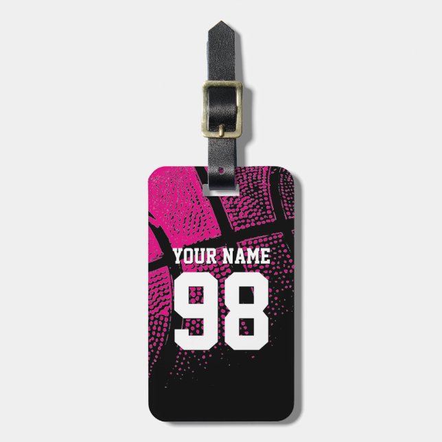 Étiquette À Bagage Balise de basketball rose avec numéro de maillot (Devant Vertical)