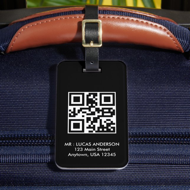 Étiquette À Bagage Balise de voyage personnalisée Nom et code qr noir (Insitu Rectoal 2)