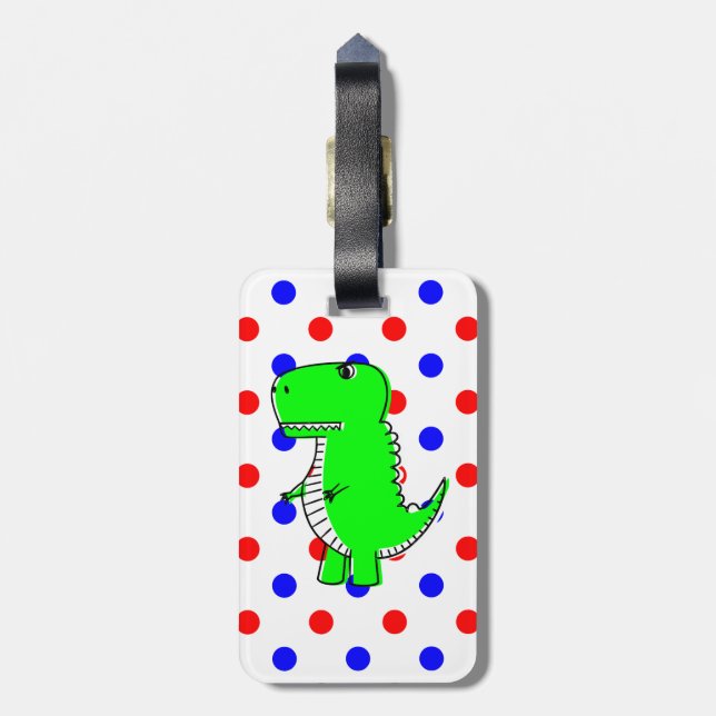 Étiquette À Bagage Balise Dinosaure Vert Rouge Bleu Pois (Dos Vertical)