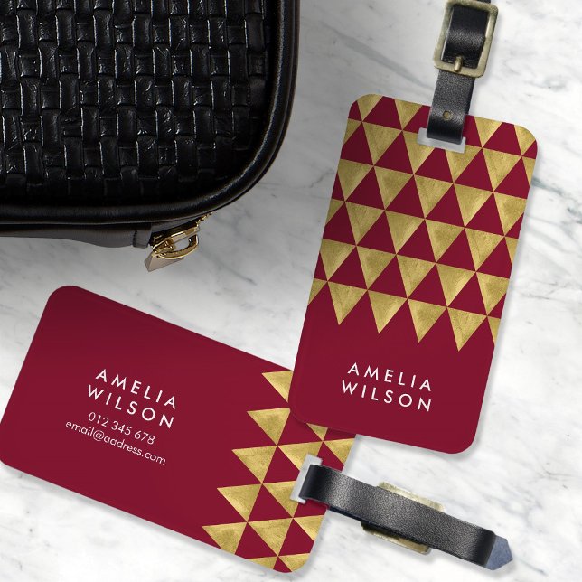 Étiquette À Bagage Balise élégante Burgundy Faux Gold Triangle (Créateur téléchargé)