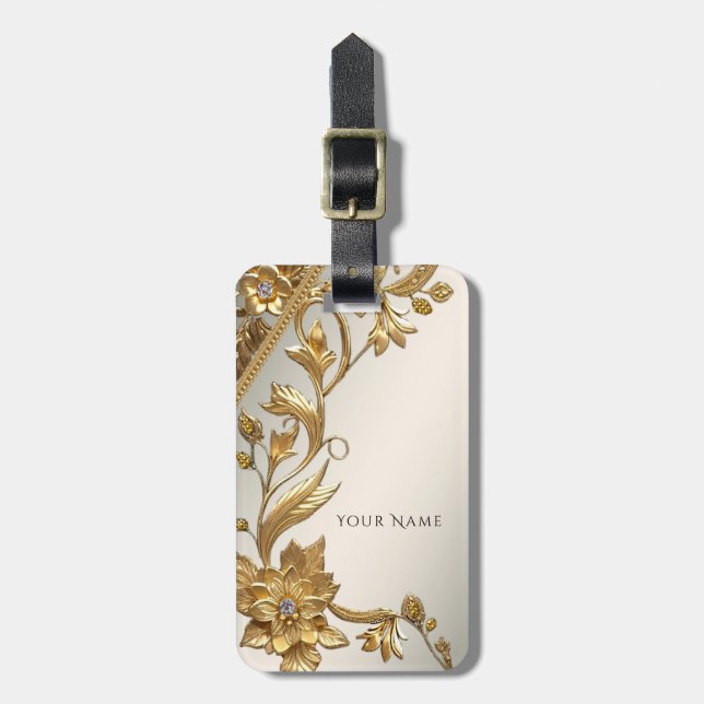 Étiquette À Bagage Balise Golden Wavy Feuille floral (Devant Vertical)