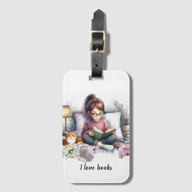 Étiquette À Bagage Balise Jeune fille de livres amoureux de bagages (Devant Vertical)