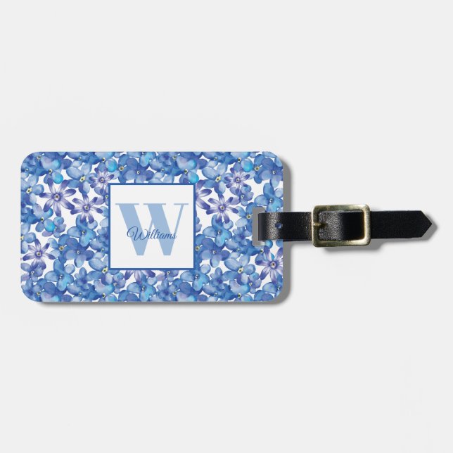 Étiquette À Bagage Balise Lug Monogramme Floral Bleu (Devant horizontal)