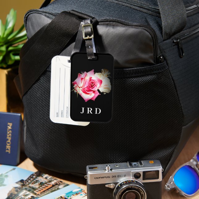 Étiquette À Bagage Balise Monogramme Rose sur bagages noirs (Recto & Verso)