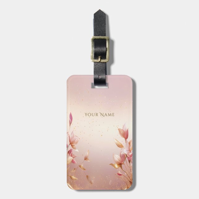 Étiquette À Bagage Balise Pink Golden Feuille Floral Luggage (Devant Vertical)