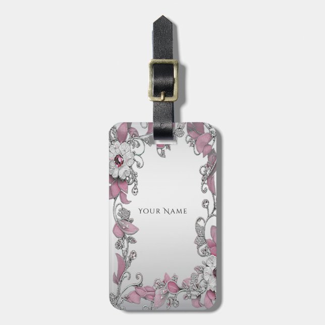 Étiquette À Bagage Balise Pink Silver White Floral Luggage (Devant Vertical)
