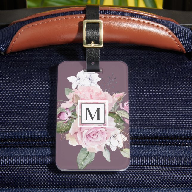 Étiquette À Bagage Balise rose Jardin violet Monogramme (Insitu Rectoal 2)