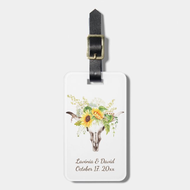 Étiquette À Bagage Balise Rustique Aquarelle Tournesol Vache Crâne Ba (Devant Vertical)