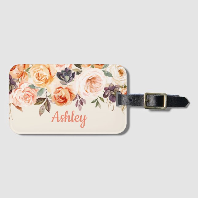Étiquette À Bagage Balise Shabby Chic Peach Floral Luggage (Devant Horizontal)