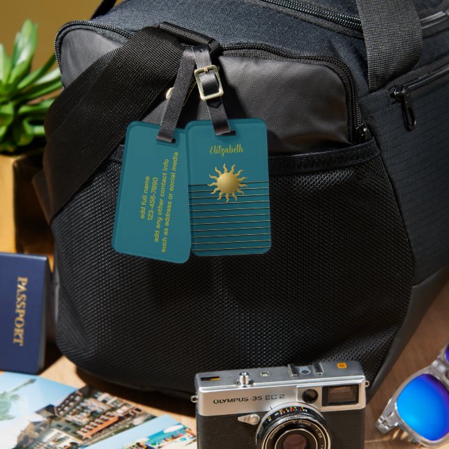 Étiquette À Bagage Balise Soleil radiant sur les bagages Turquoises (Recto & Verso)