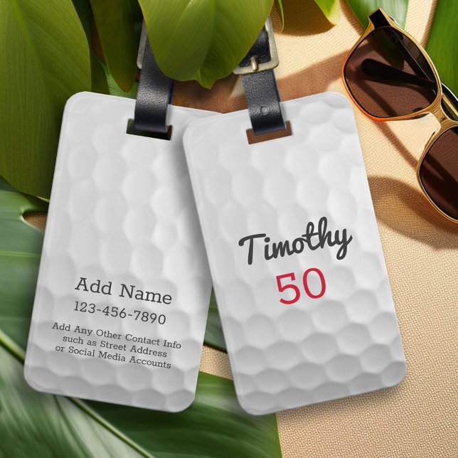 Étiquette À Bagage Ball de golf Dimples avec nom noir Numéro rouge (Custom Luggage Tag)