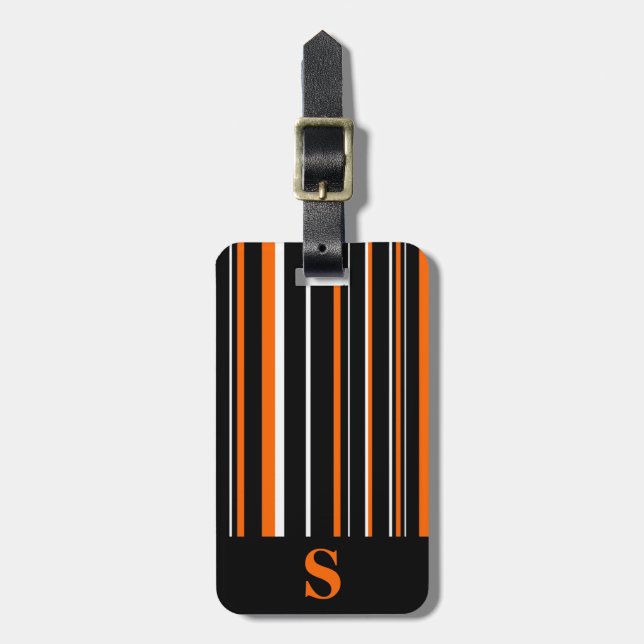 Étiquette À Bagage Bande de code barre orange noir monogramme (Devant Vertical)