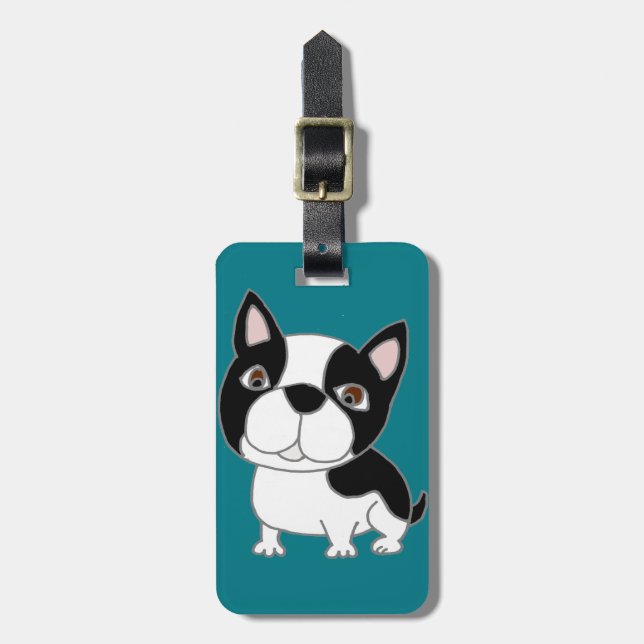 Étiquette À Bagage Bande dessinée drôle de chiot de Boston Terrier (Devant Vertical)