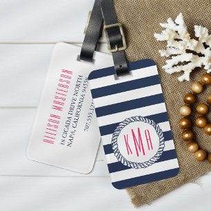 Étiquette À Bagage Bande marine et monogramme rose