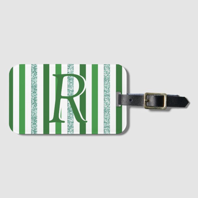 Étiquette À Bagage Bandes de Parties scintillant argent vert Monogram (Devant Horizontal)