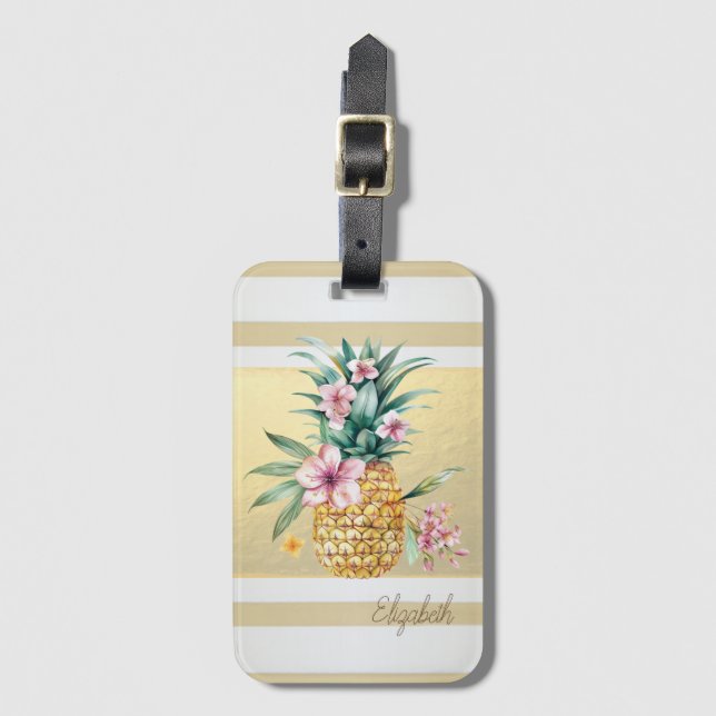 Étiquette À Bagage Bandes d'or moderne, Ananas Floral (Devant Vertical)