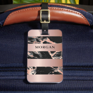 Étiquette À Bagage Bandes d'or rose, Marbre d'or noir et Rose, Nom
