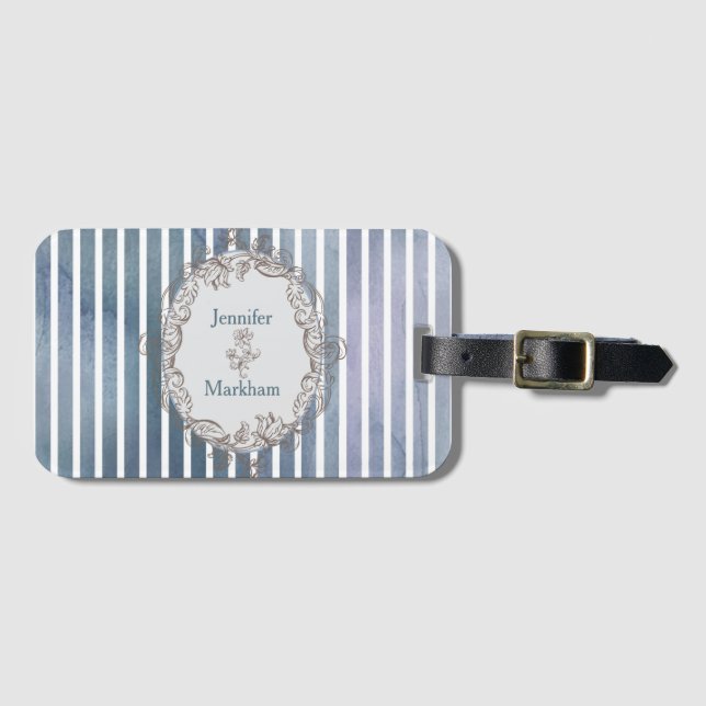 Étiquette À Bagage Baroque Bleu Gris Aquarelle (Devant Horizontal)
