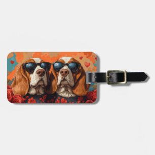 Étiquette À Bagage Basset Hound aux roses du cœur pour la Saint-Valen