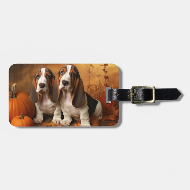 Étiquette À Bagage Basset Hound Chiot Automne Citrouille de plaisir (Devant horizontal)
