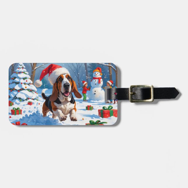 Étiquette À Bagage Basset Hound Festive de Noël Scène de neige (Devant horizontal)