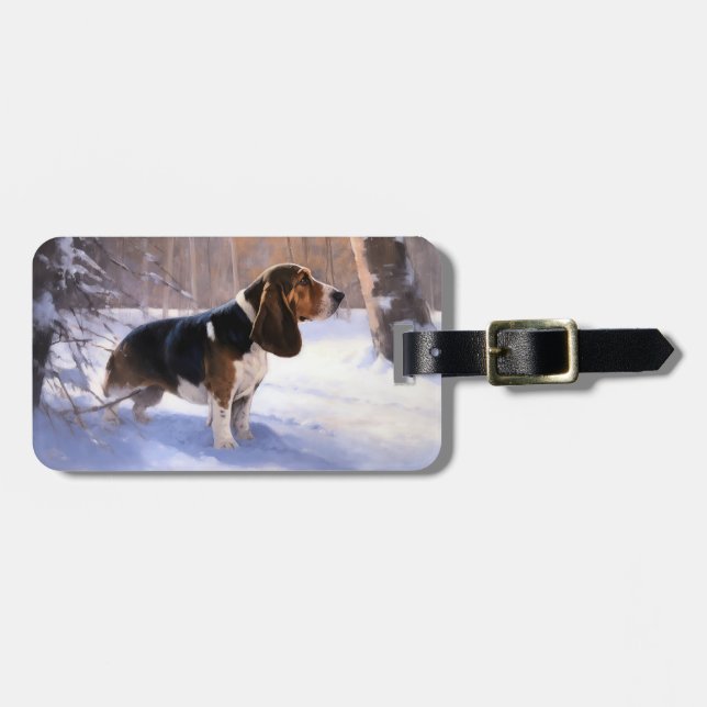 Étiquette À Bagage Basset Hound Laisser neiger Noël (Devant horizontal)