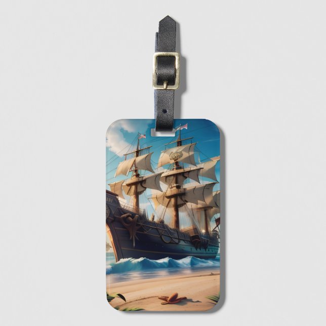 Étiquette À Bagage Bateau Pirate de Plage Tropicale (Devant Vertical)