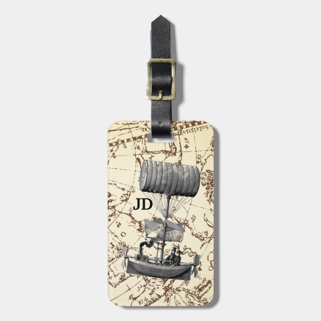 Étiquette À Bagage Bateau volant Steampunk sur la carte Zodiac avec I (Devant Vertical)
