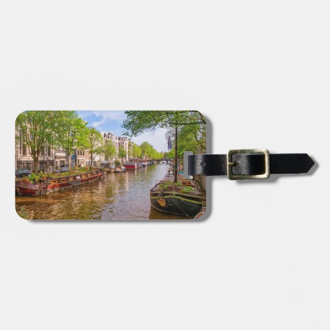 Étiquette À Bagage Bâtiment et canal à Amsterdam, Pays-Bas (Devant horizontal)