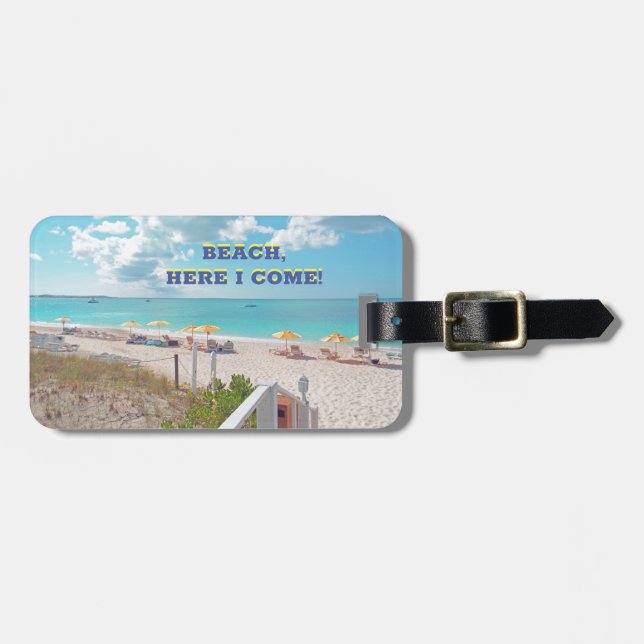 Étiquette À Bagage "BEACH, ICI JE VIENS !" /Scène de plage (Devant horizontal)