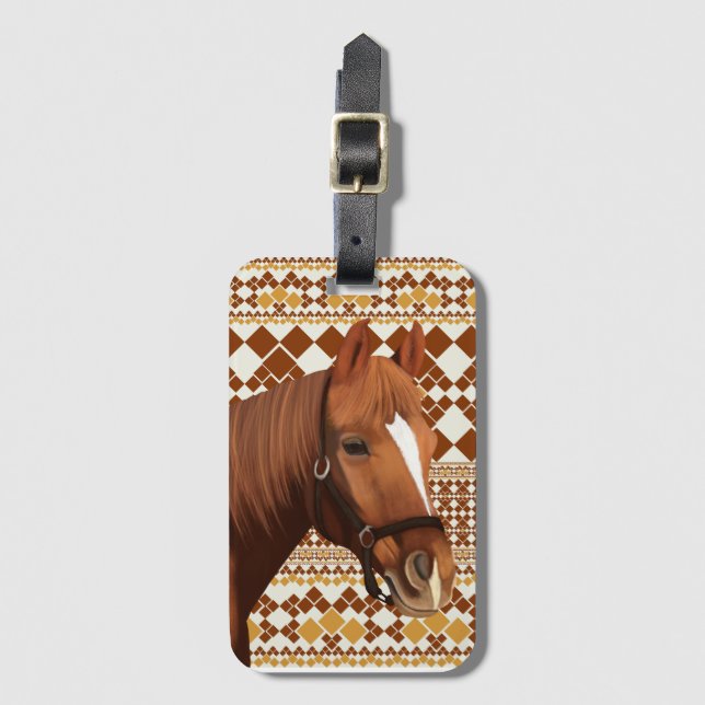 Étiquette À Bagage Beau cheval Brown sur Motif géométrique Earthy (Devant Vertical)