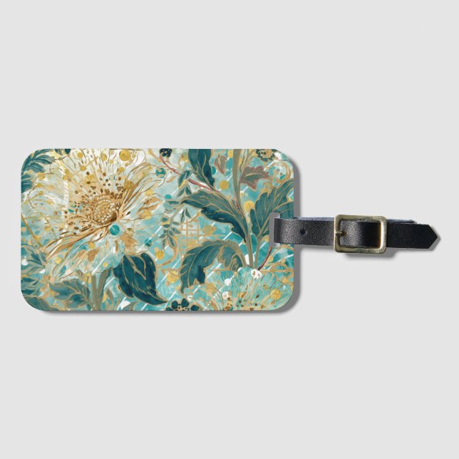 Étiquette À Bagage Beautiful Blooming Flowers with Green Gold Pattern (Devant Horizontal)