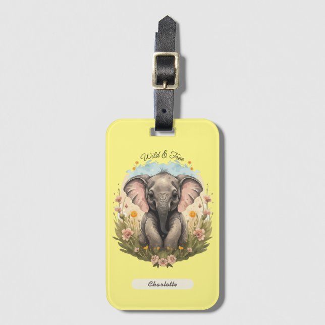 Étiquette À Bagage Bébé éléphant mignon Curiosité fleur sauvage Envie (Devant Vertical)